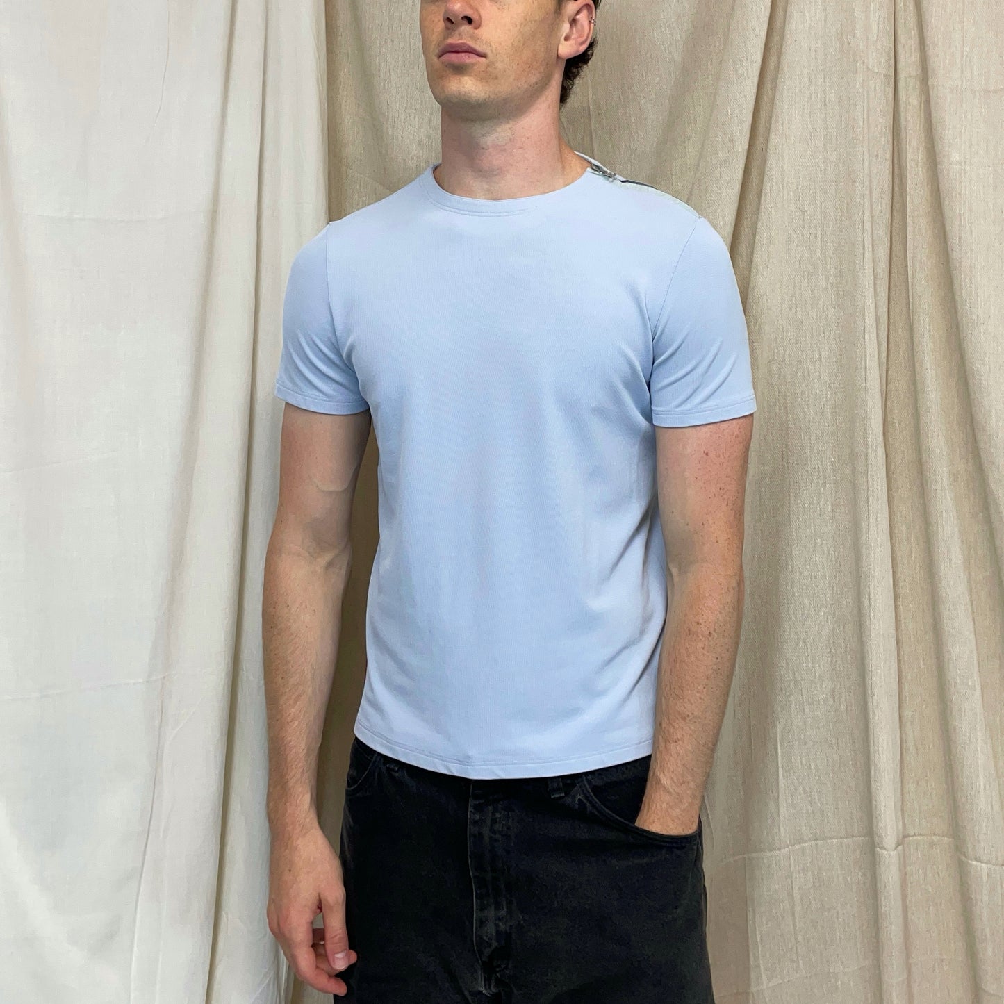 Prada Sport Light Blue 00s Nylon Canvas Textured Zip-Shoulder T-Shirt