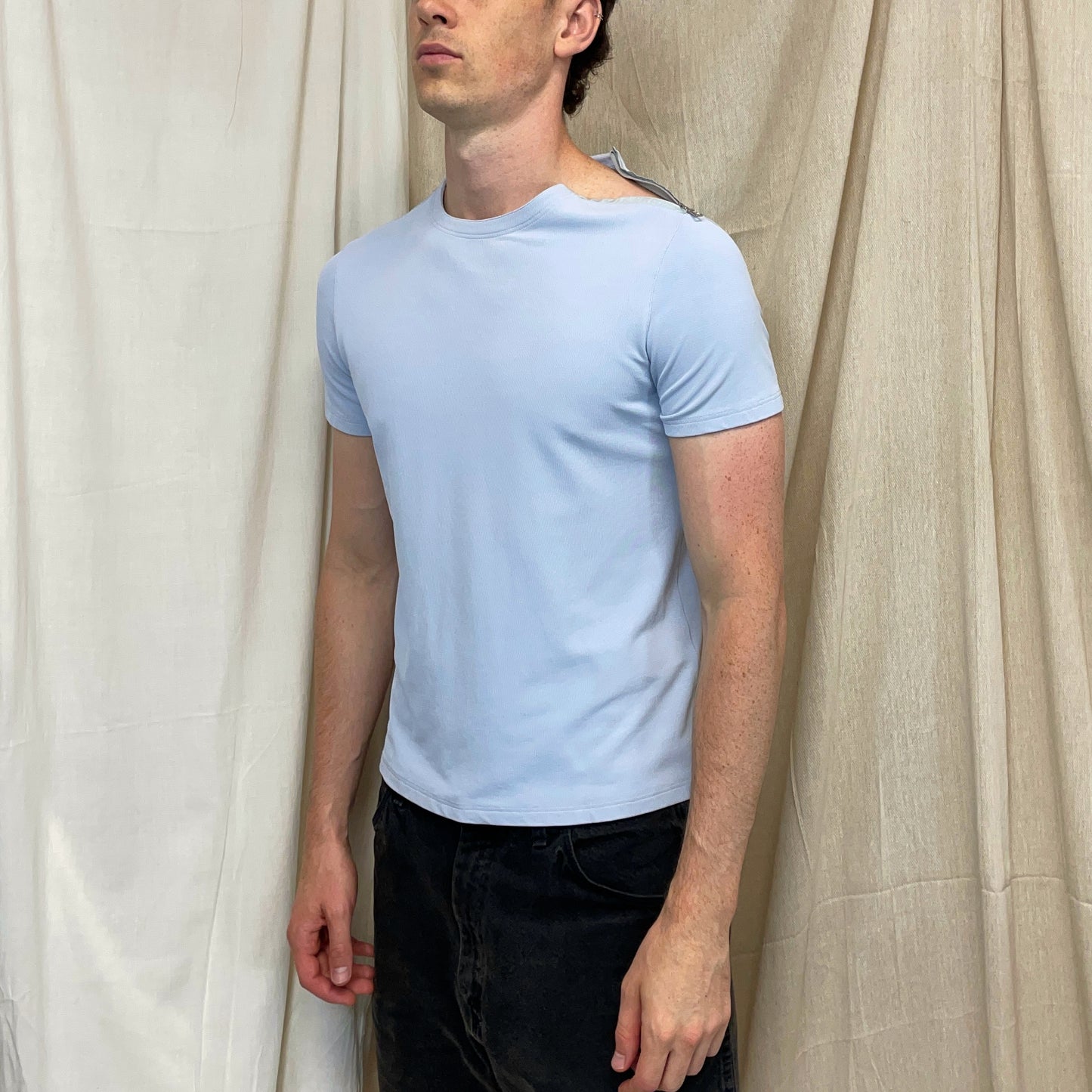 Prada Sport Light Blue 00s Nylon Canvas Textured Zip-Shoulder T-Shirt