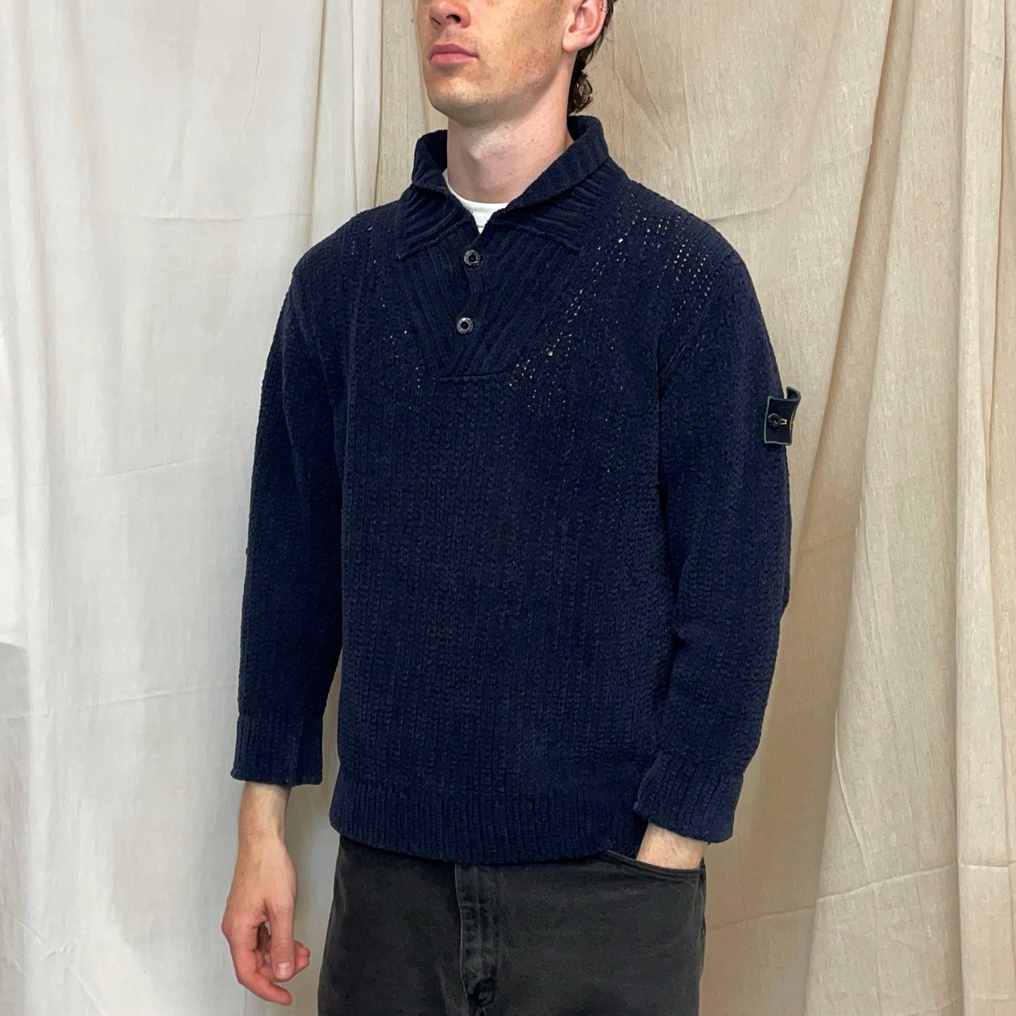 Stone Island Navy AW97 Chenille Knit Button-Up Green Edge Badge Jumper