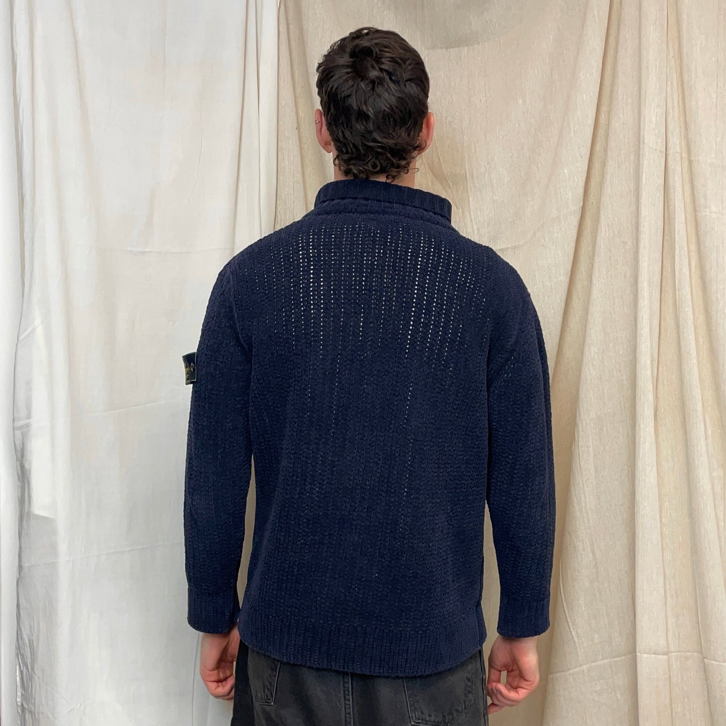 Stone Island Navy AW97 Chenille Knit Button-Up Green Edge Badge Jumper
