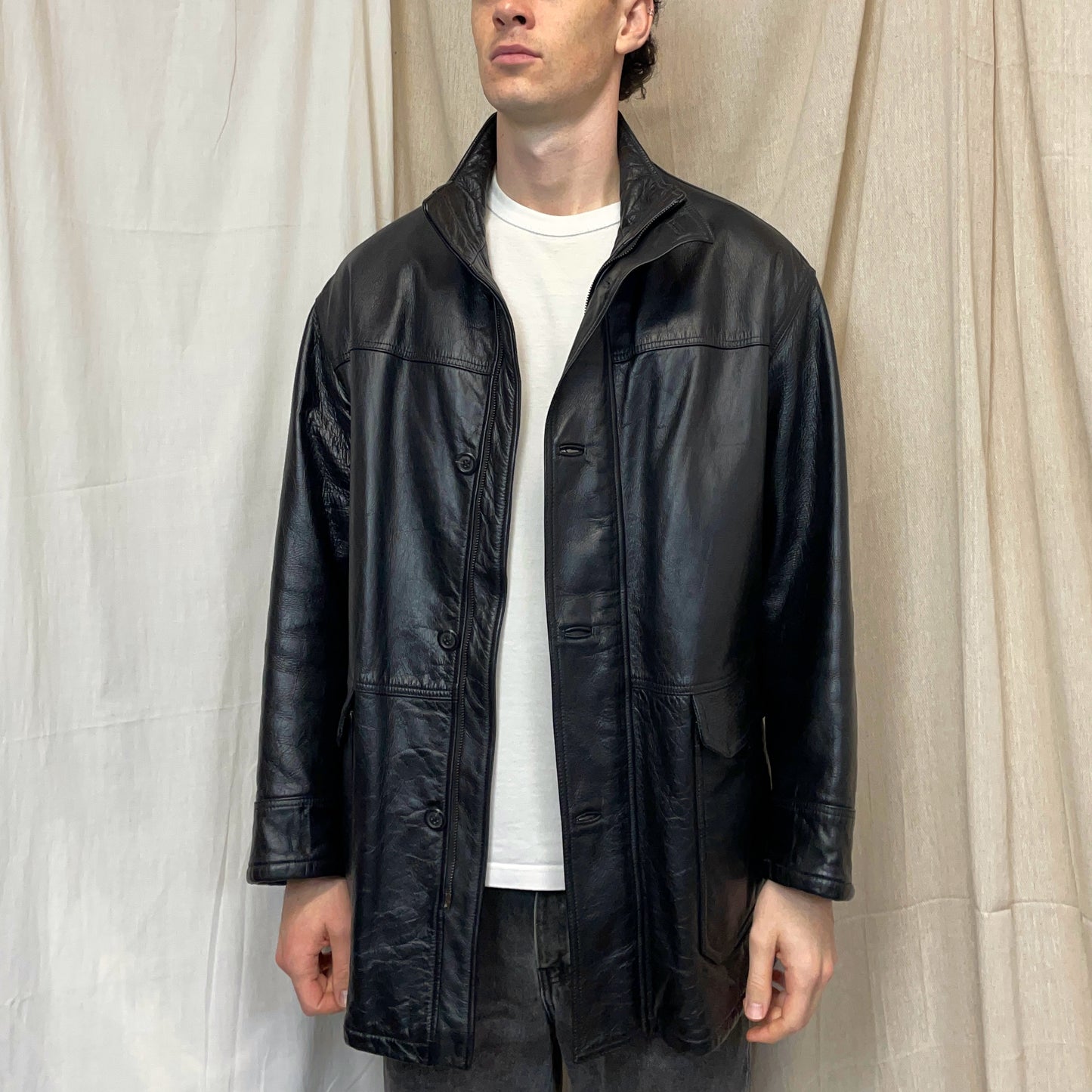 Armani Jeans Black 90s Premium Leather Overcoat