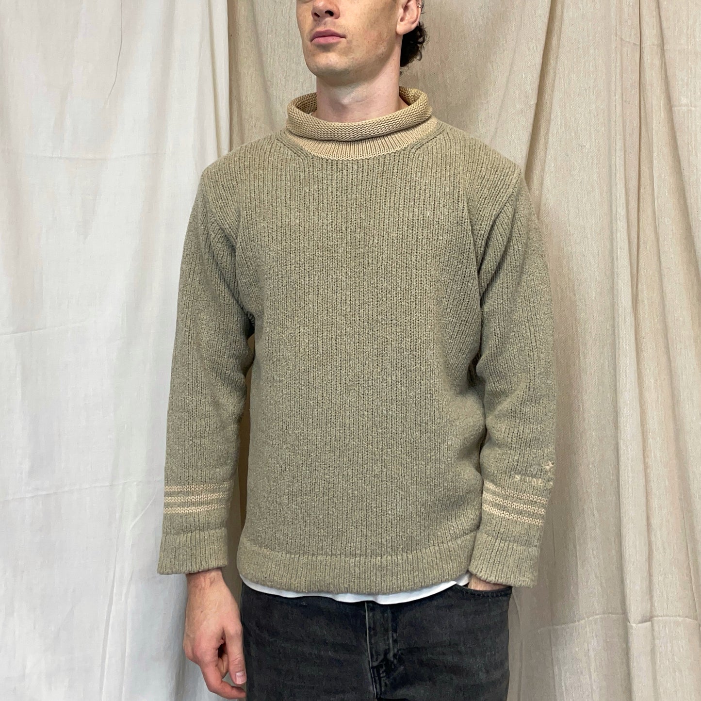 Stone Island Beige & Tan AW98 Cuff Spellout Wool Knit High-Neck Jumper