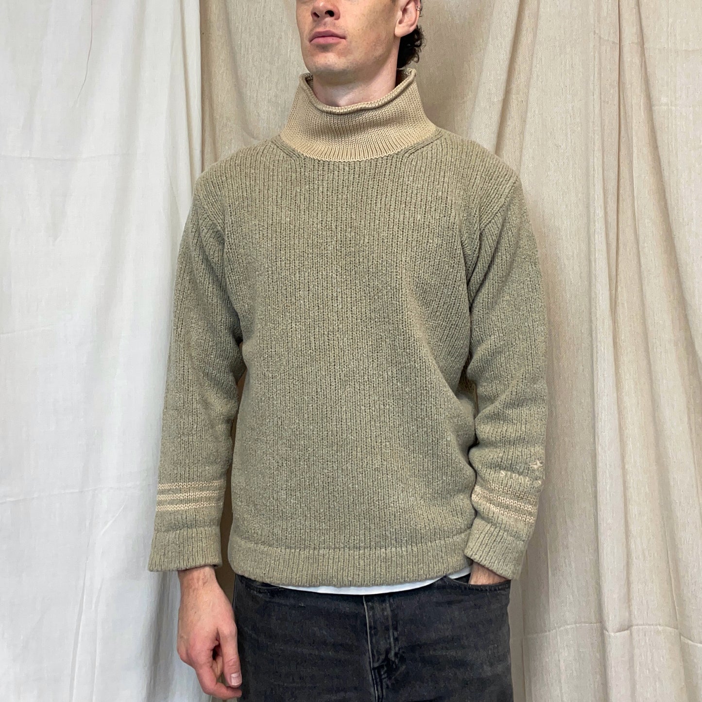 Stone Island Beige & Tan AW98 Cuff Spellout Wool Knit High-Neck Jumper