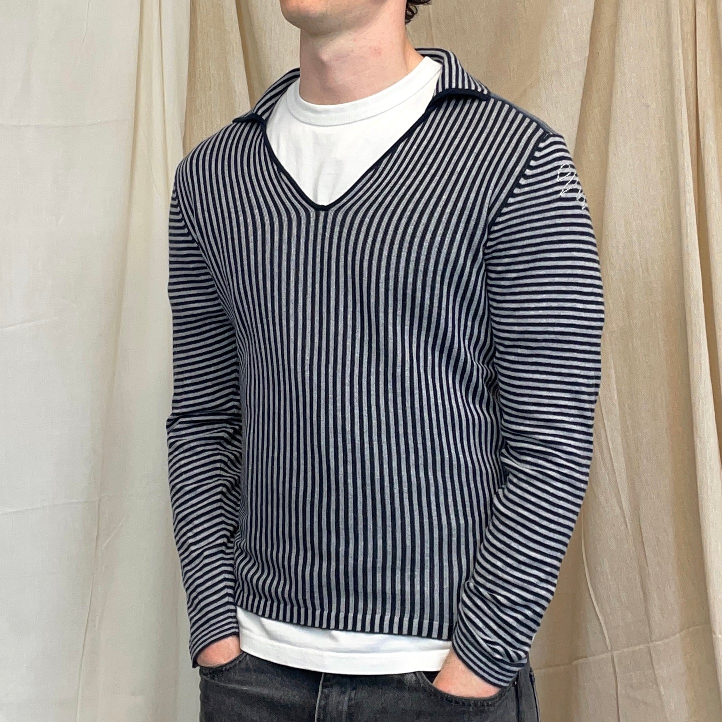 Armani Jeans Grey & Navy Striped Cotton Knit Collared Jumper