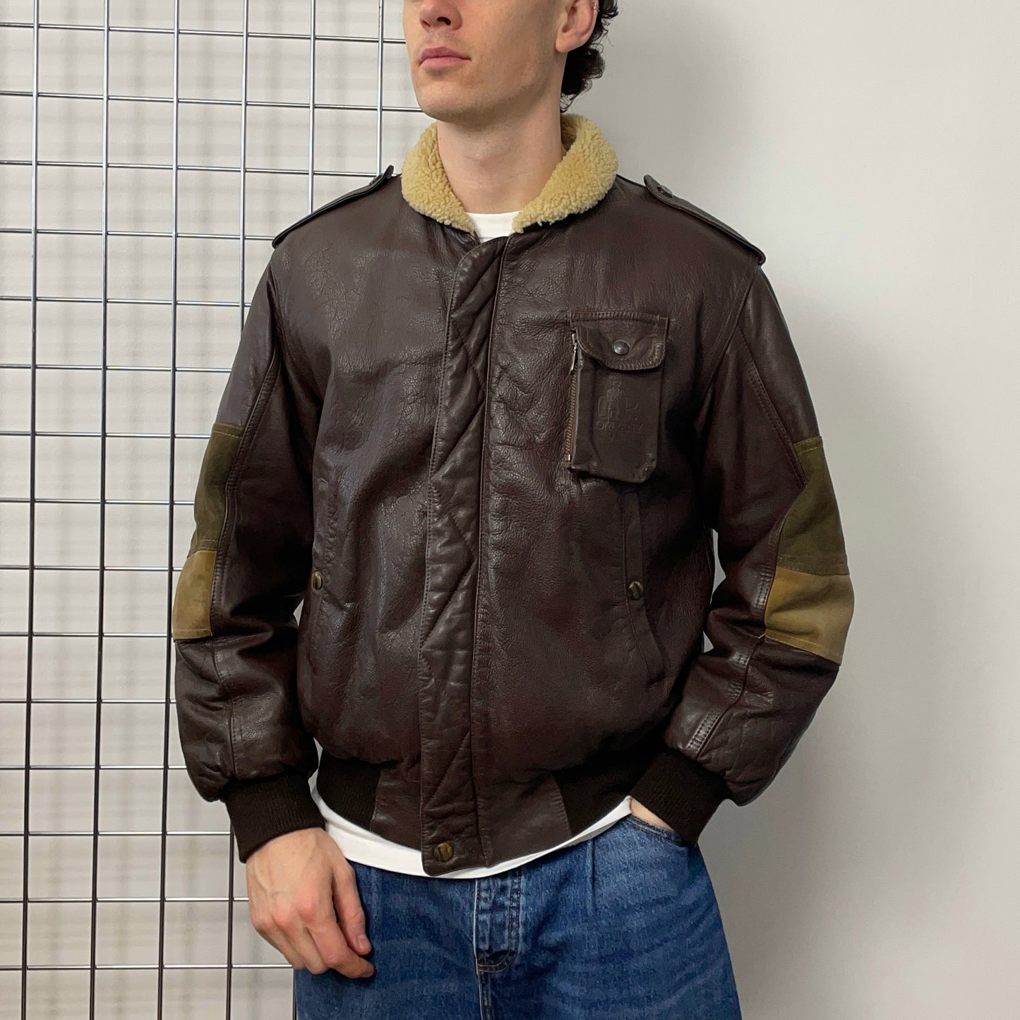 C.P. Company Brown 80s Leather Sheerling Dutch Police Jacket