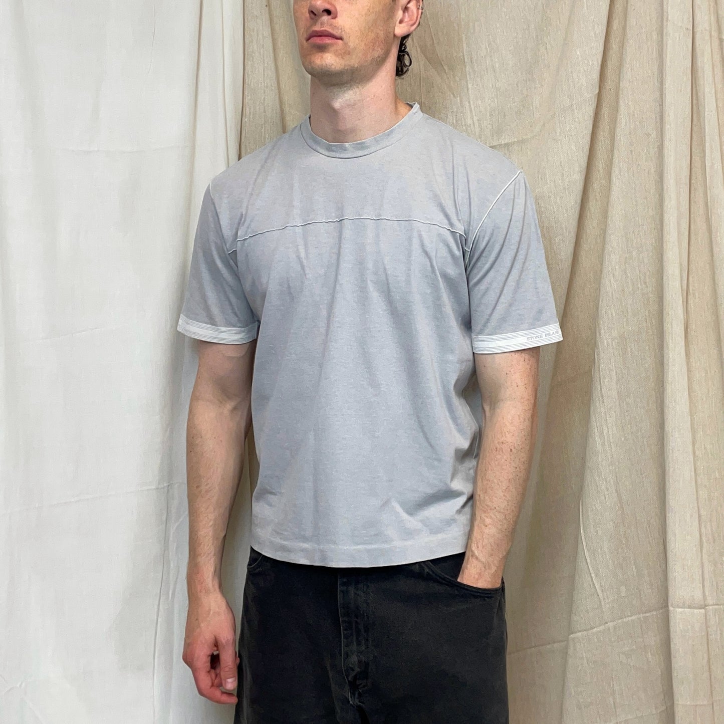 Stone Island Grey/Blue SS04 Sleeve Spellout T-Shirt