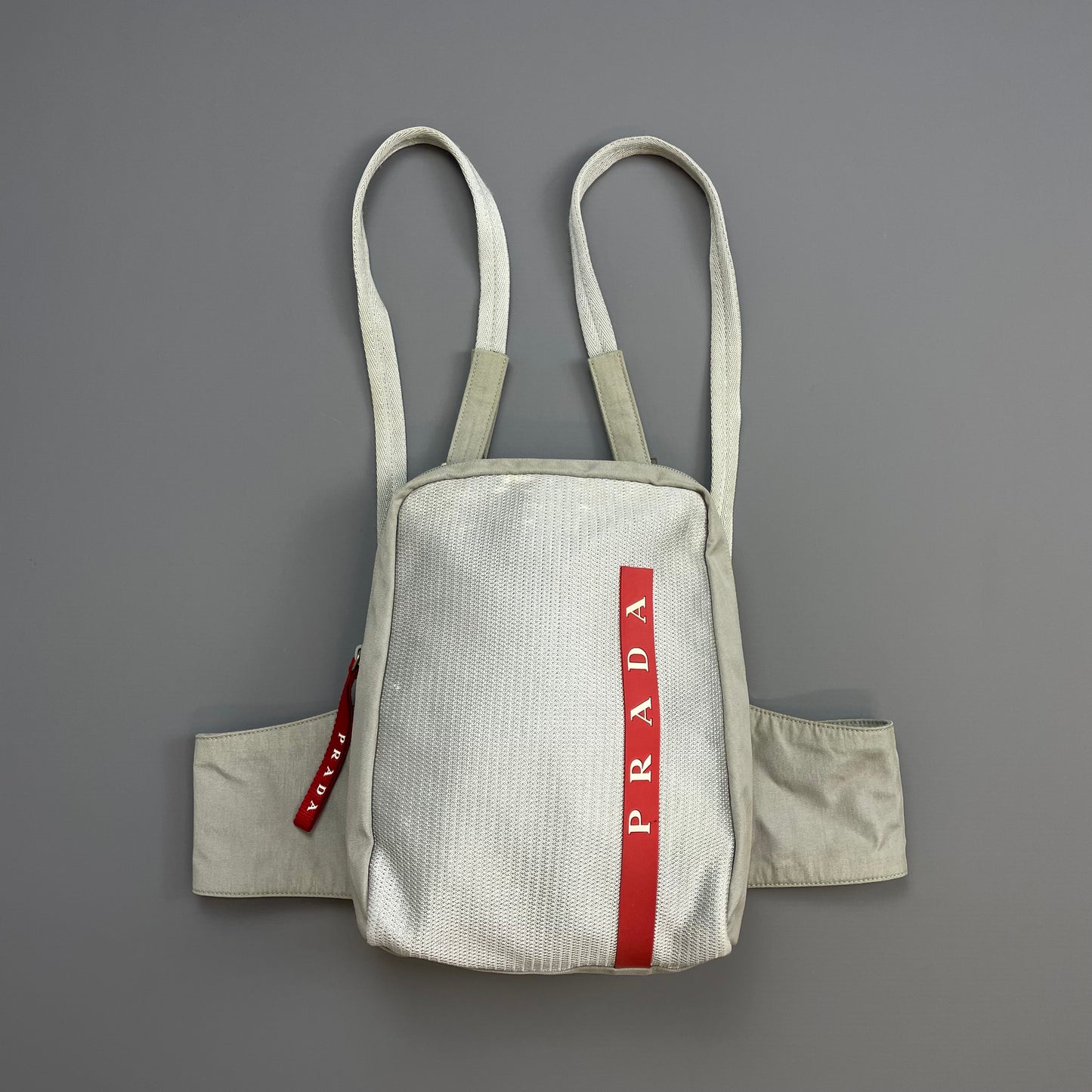 Prada Sport Grey 1999 Nylon Mesh Harness Backpack Spellout Bag