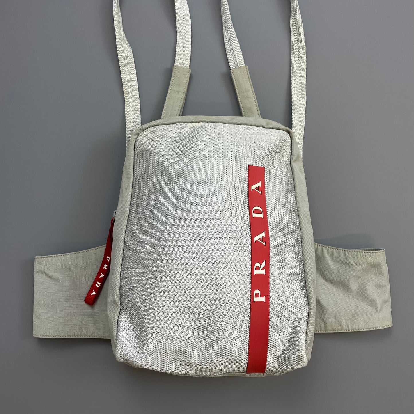 Prada Sport Grey 1999 Nylon Mesh Harness Backpack Spellout Bag
