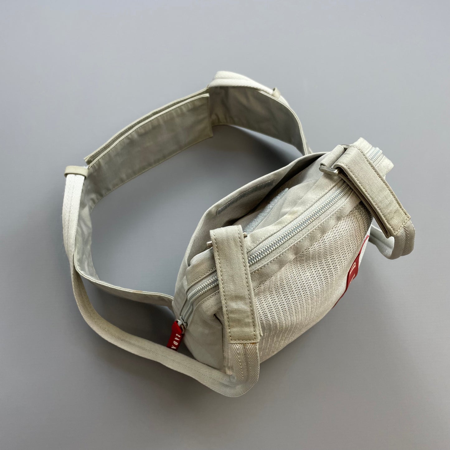 Prada Sport Grey 1999 Nylon Mesh Harness Backpack Spellout Bag