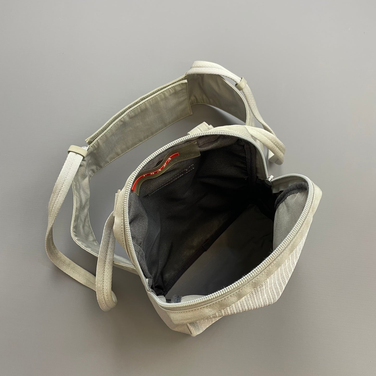 Prada Sport Grey 1999 Nylon Mesh Harness Backpack Spellout Bag