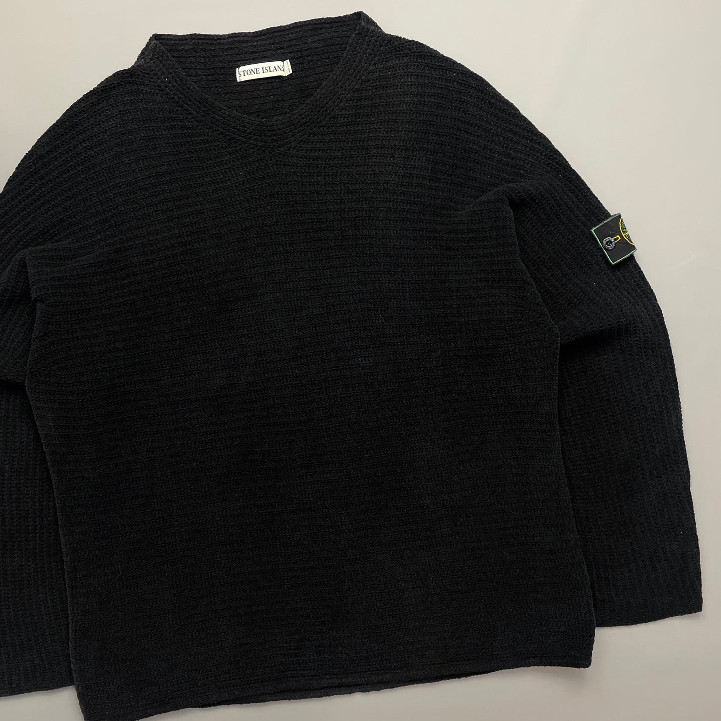 Stone Island Black AW99 Chenille Knit Jumper w/ Green Edge Badge