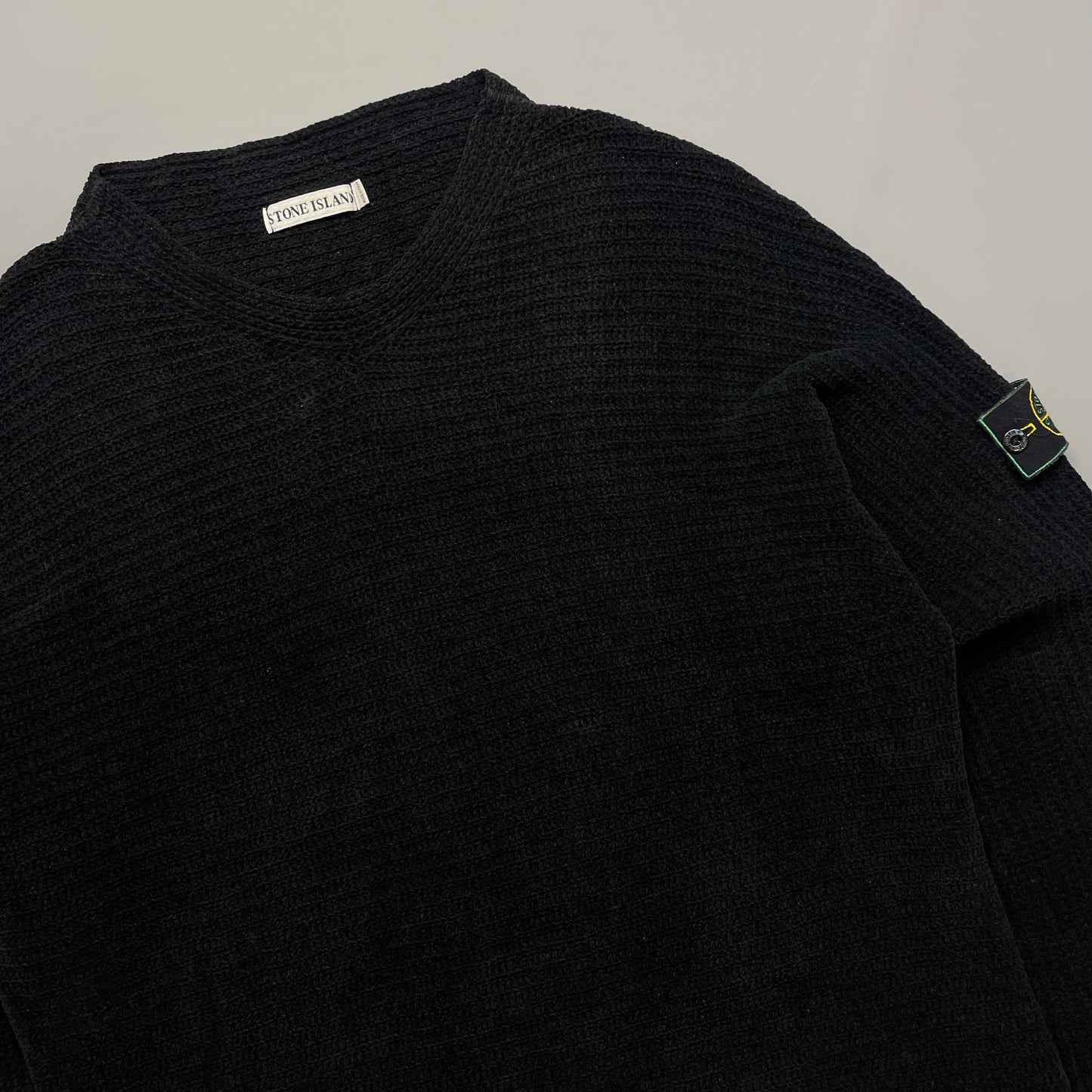 Stone Island Black AW99 Chenille Knit Jumper w/ Green Edge Badge