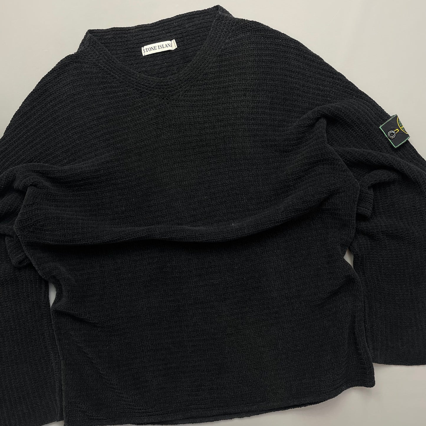 Stone Island Black AW99 Chenille Knit Jumper w/ Green Edge Badge