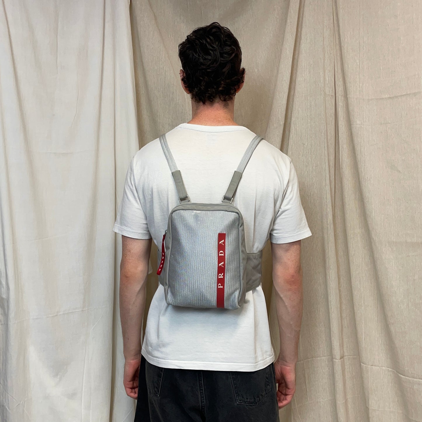 Prada Sport Grey 1999 Nylon Mesh Harness Backpack Spellout Bag