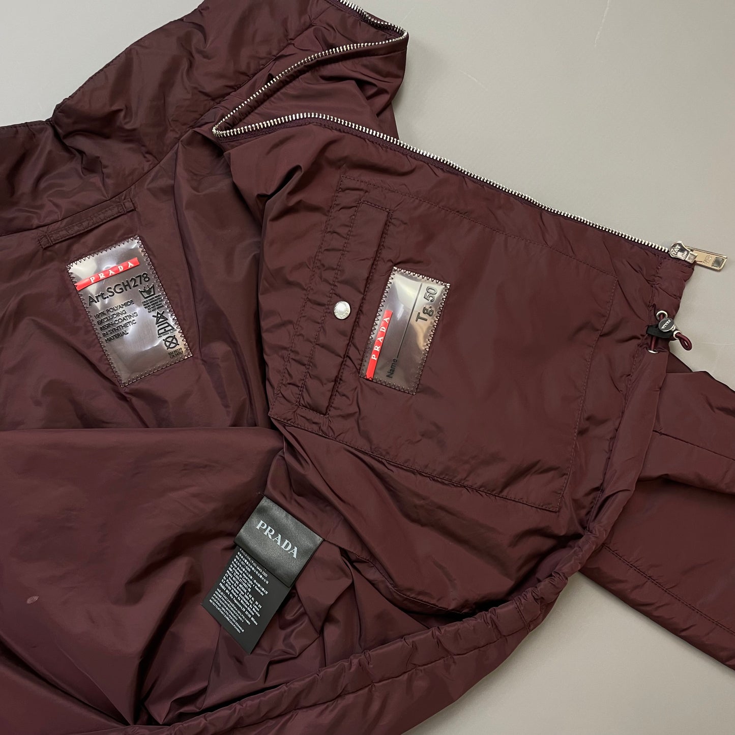 Prada Milano Burgundy 2018 Padded Resin-Coated Nylon Plaque Jacket