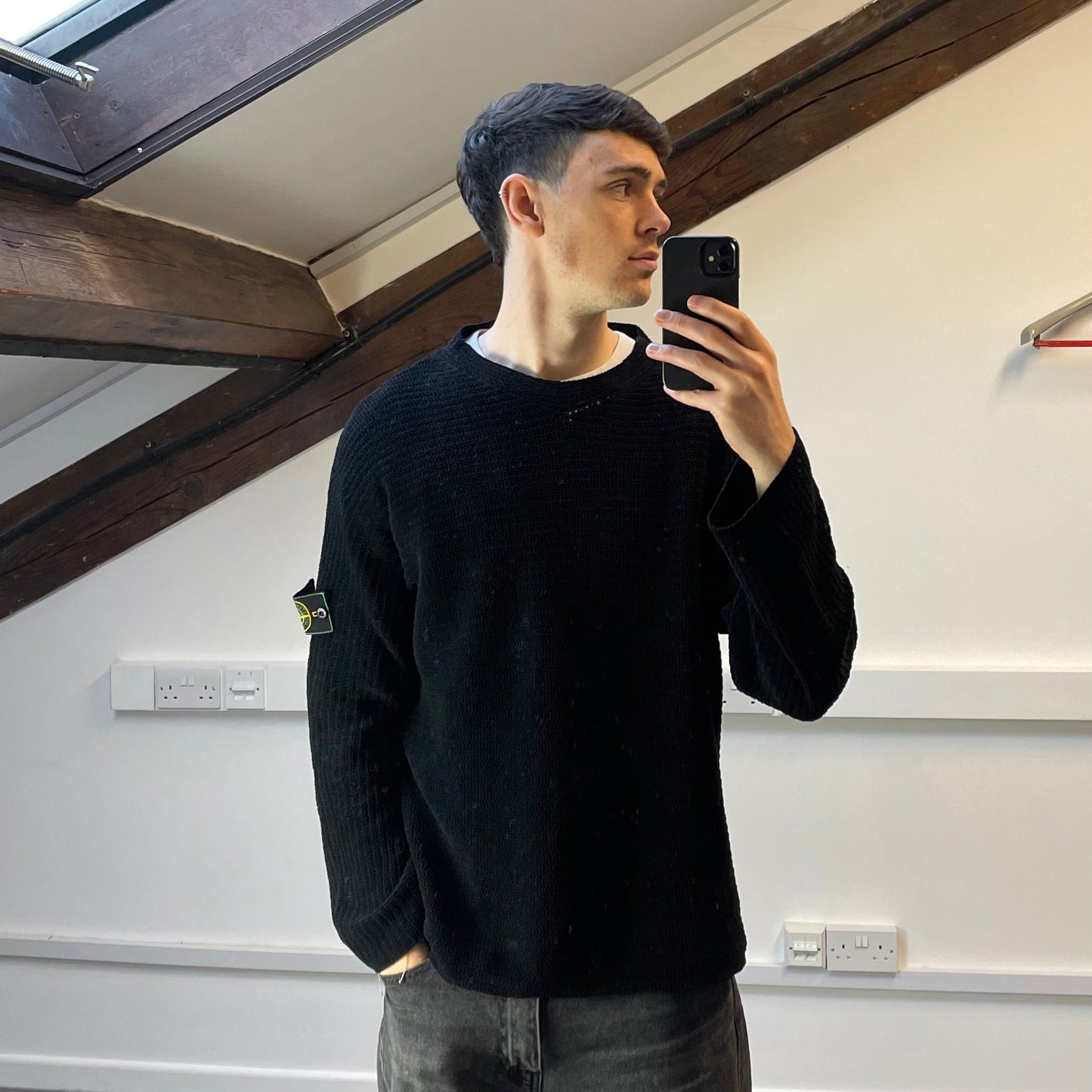 Stone Island Black AW99 Chenille Knit Jumper w/ Green Edge Badge