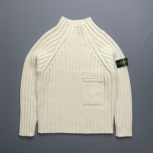 Stone Island Cream Chunky AW18 Mid-Pocket Knit Mockneck Jumper