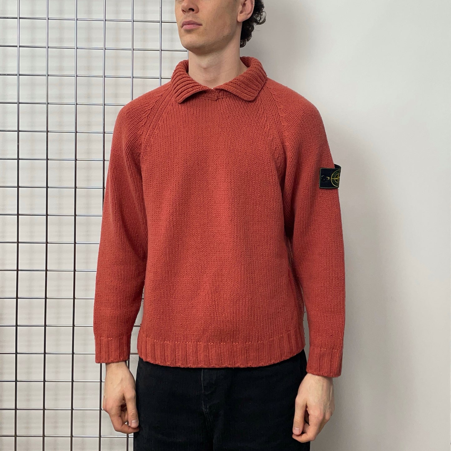 Stone Island Peach Orange 90s Green Edge Badge Wool Knit Jumper