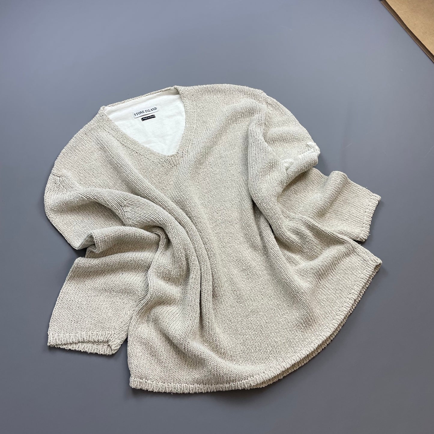 Stone Island Beige SS98 Relaxed Fit Sleeve Spellout Knit Jumper