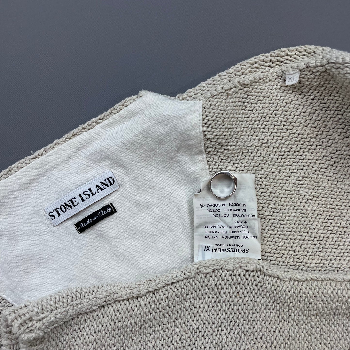 Stone Island Beige SS98 Relaxed Fit Sleeve Spellout Knit Jumper