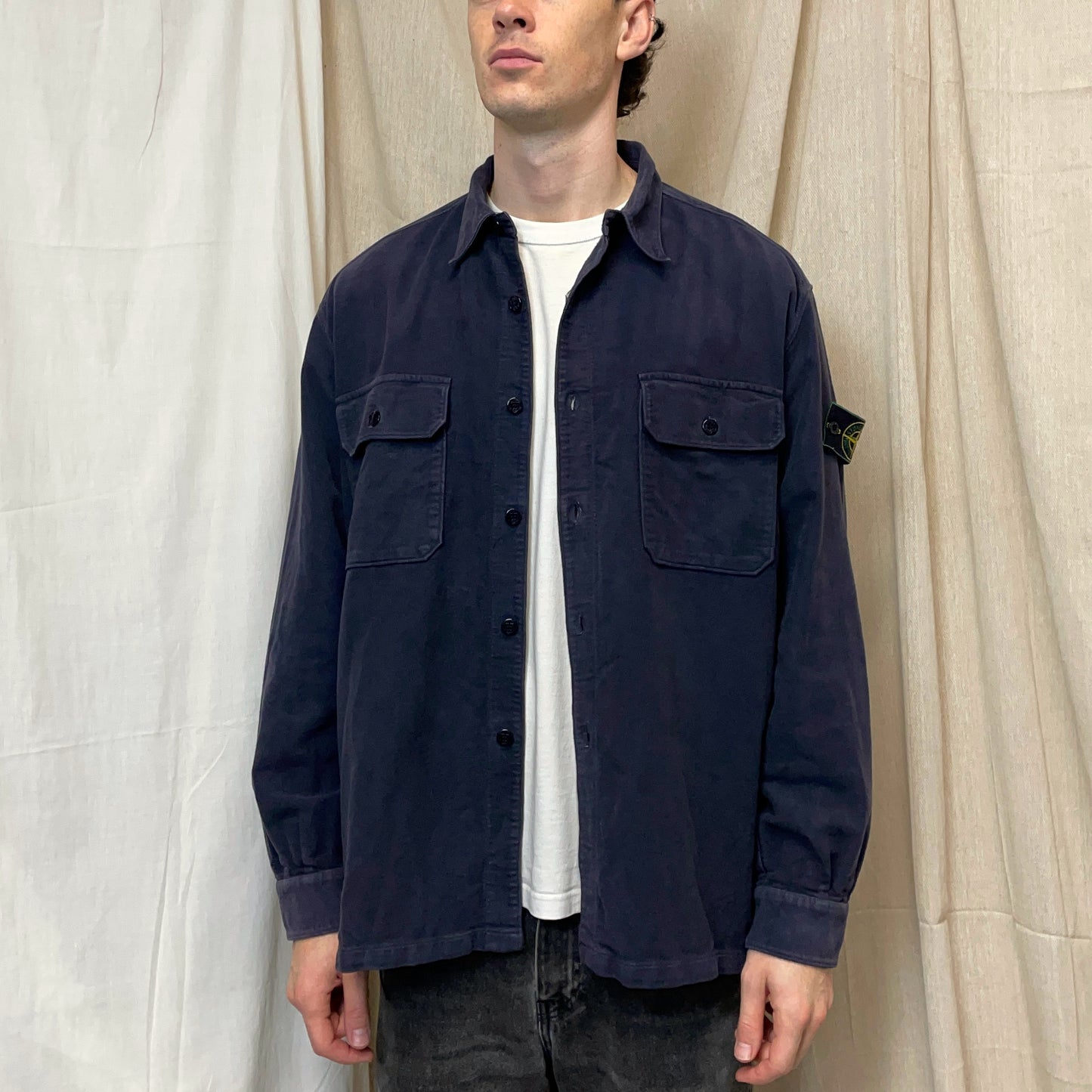 Stone Island Navy AW95 Cotton Moleskin Green Edge Badge Overshirt