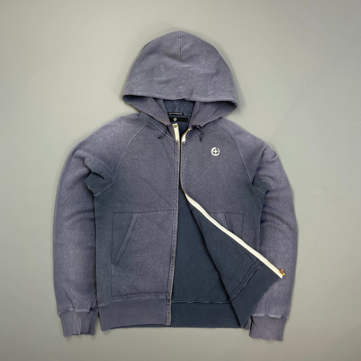 Stone Island Denims Blue 00s Sun-Faded Emblem Zip-Through Hoodie