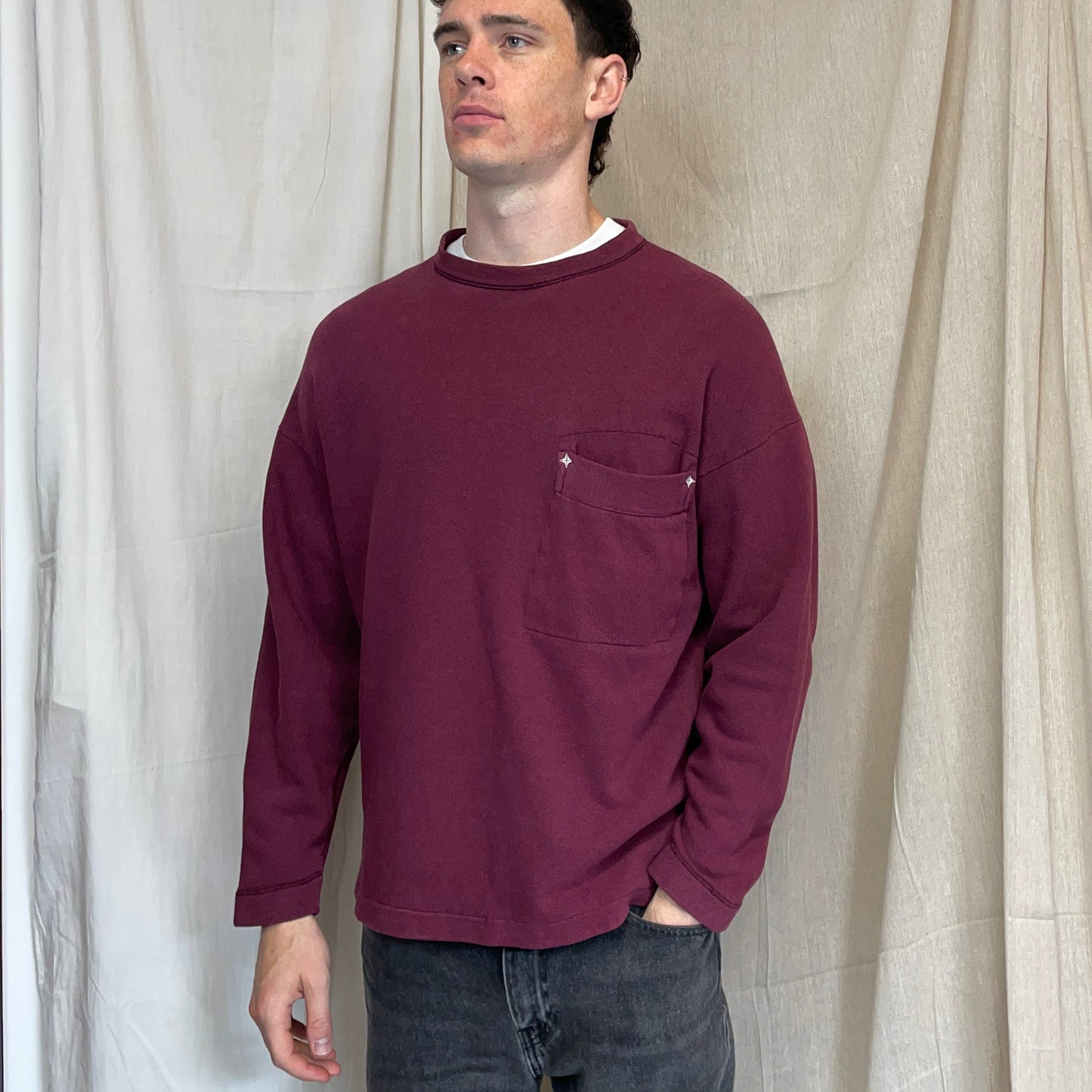 Stone Island Maroon 80s Compass Stitch Pocket Jumper