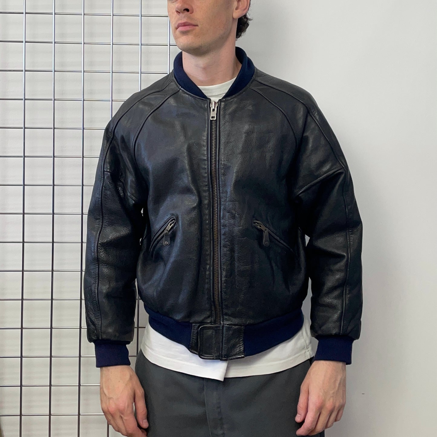 Kadoya Black G2 Leather Navy Trim Bomber Jacket