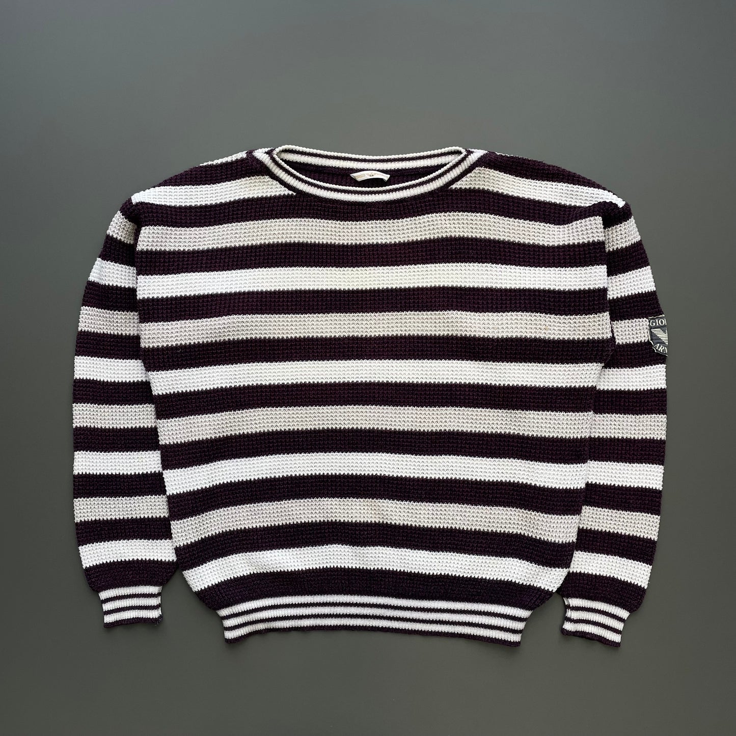 Giorgio Armani White Grey & Burgundy 80s Waffle Knit Boat Neck Jumper