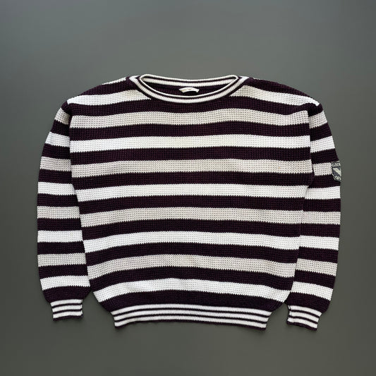 Giorgio Armani White Grey & Burgundy 80s Waffle Knit Boat Neck Jumper