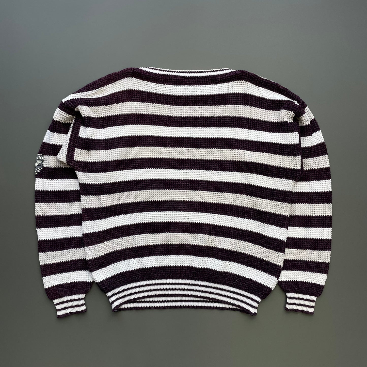 Giorgio Armani White Grey & Burgundy 80s Waffle Knit Boat Neck Jumper