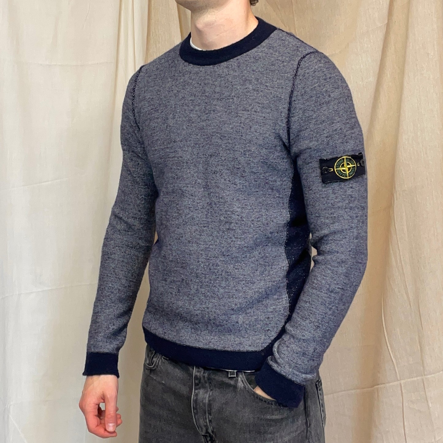 Stone Island Blue Tri-Tone AW17 Crewneck Knit Jumper