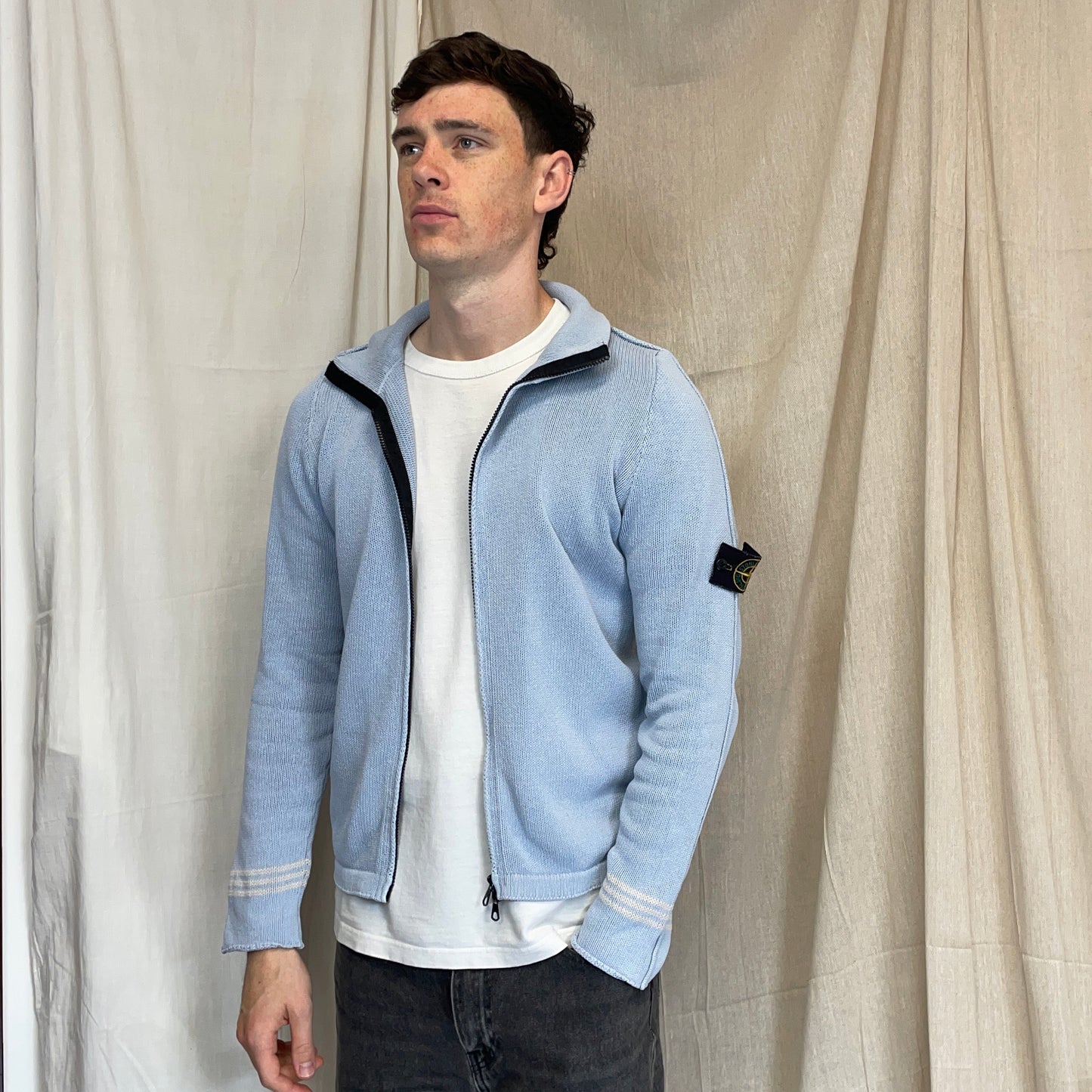 Stone Island Light Blue SS03 Silk Zip-Through Jumper
