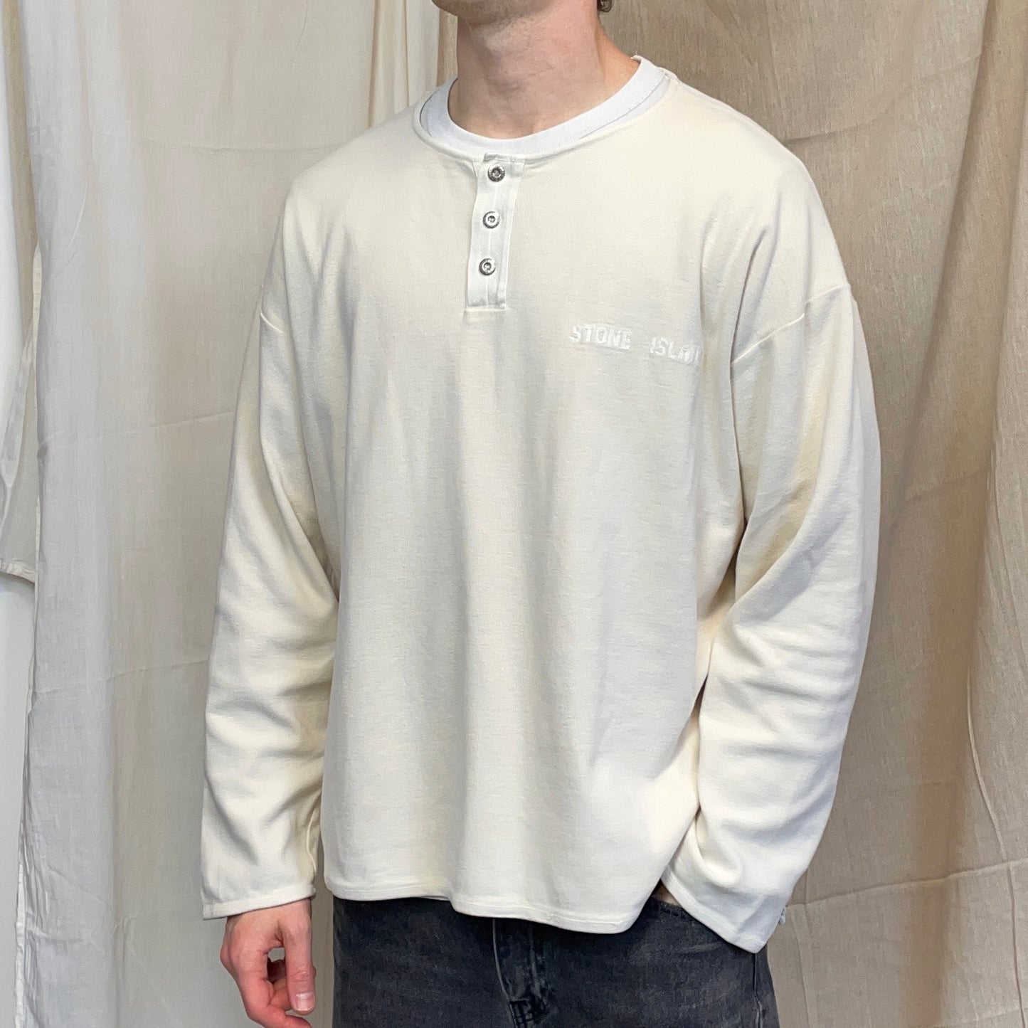 Stone Island Cream 80s Silver Button-Up Fine-Rib Cotton Jumper