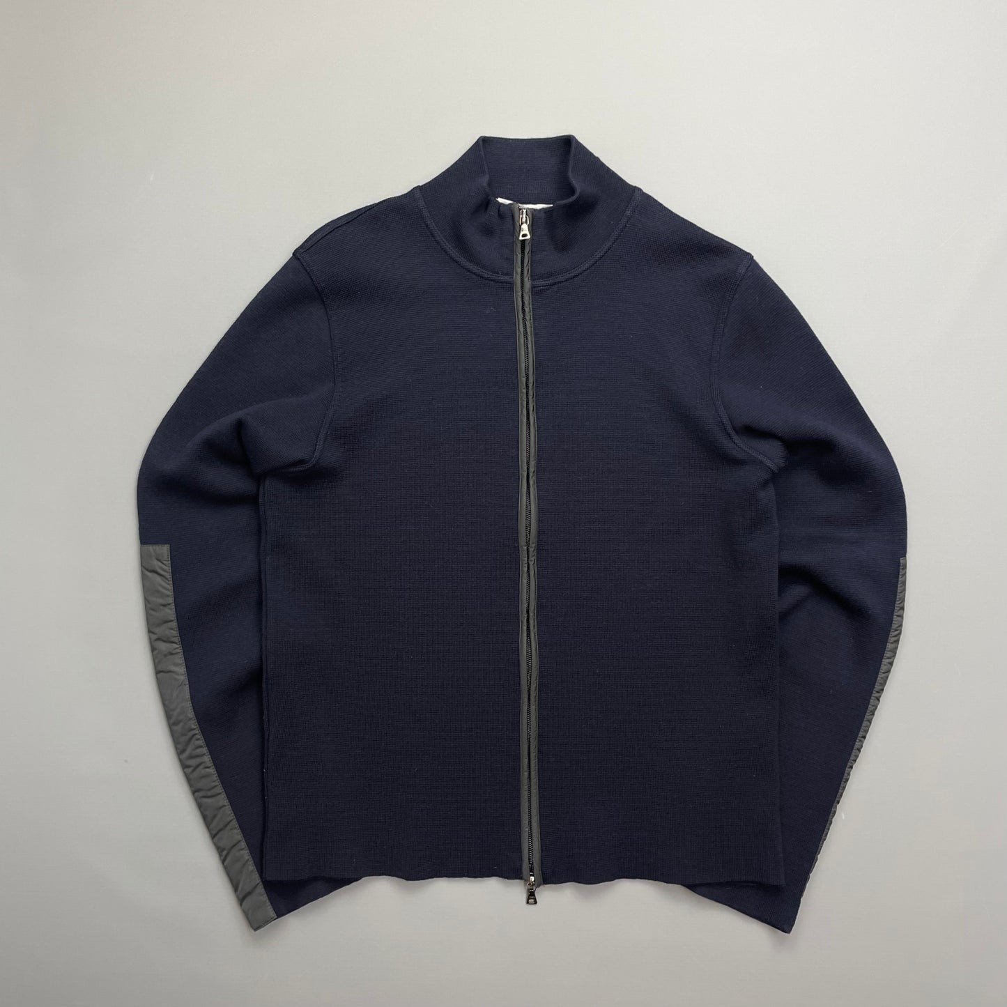 Prada Navy Nylon Panelled Zip-Through Knit Cardigan Jumper