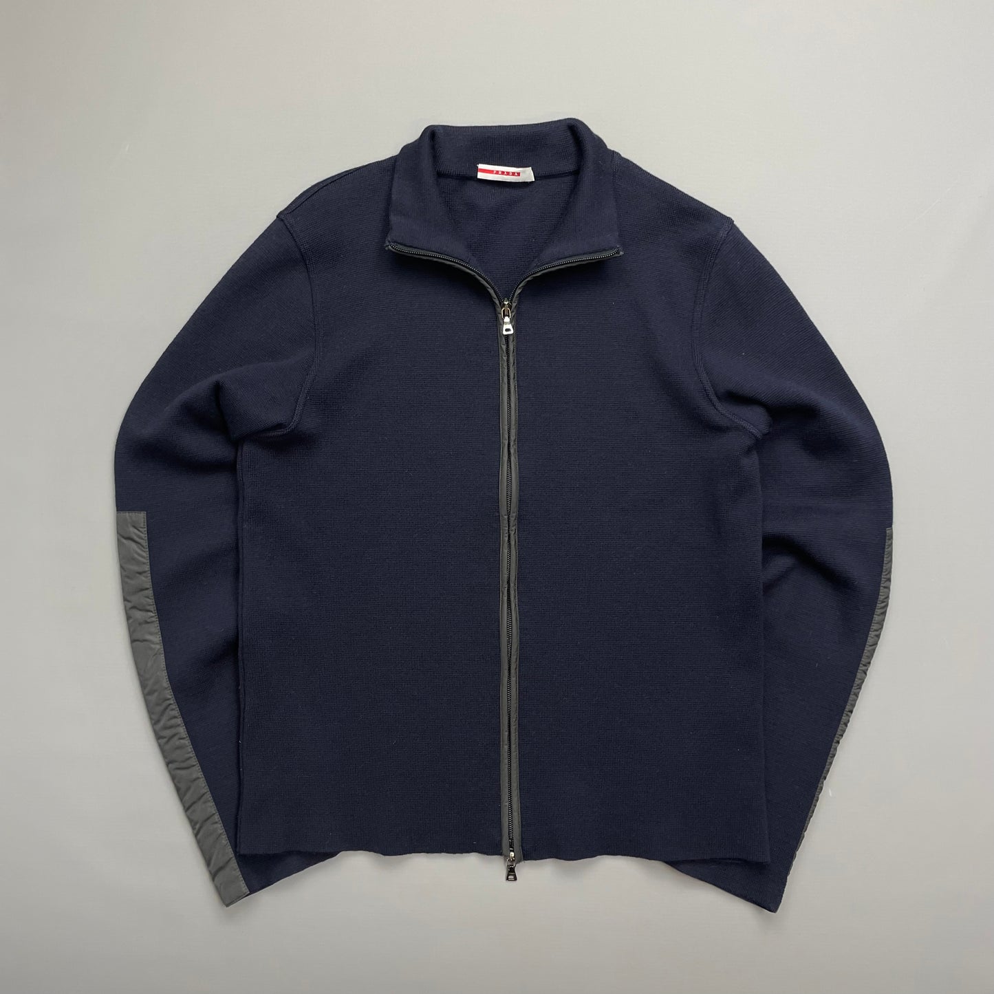 Prada Navy Nylon Panelled Zip-Through Knit Cardigan Jumper