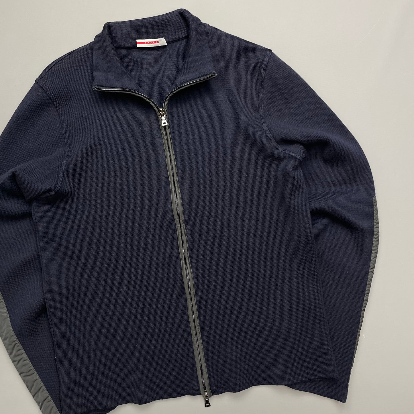 Prada Navy Nylon Panelled Zip-Through Knit Cardigan Jumper