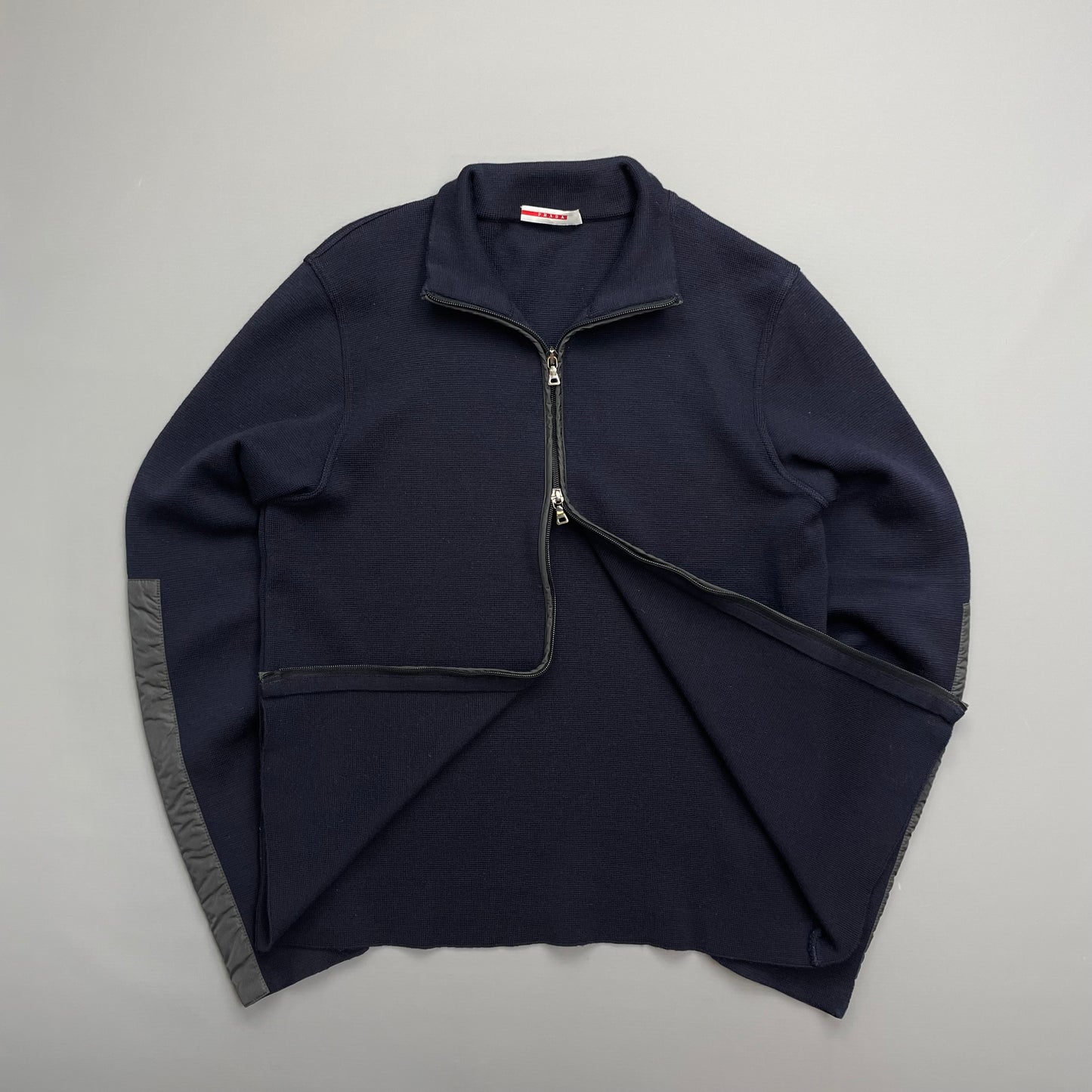 Prada Navy Nylon Panelled Zip-Through Knit Cardigan Jumper
