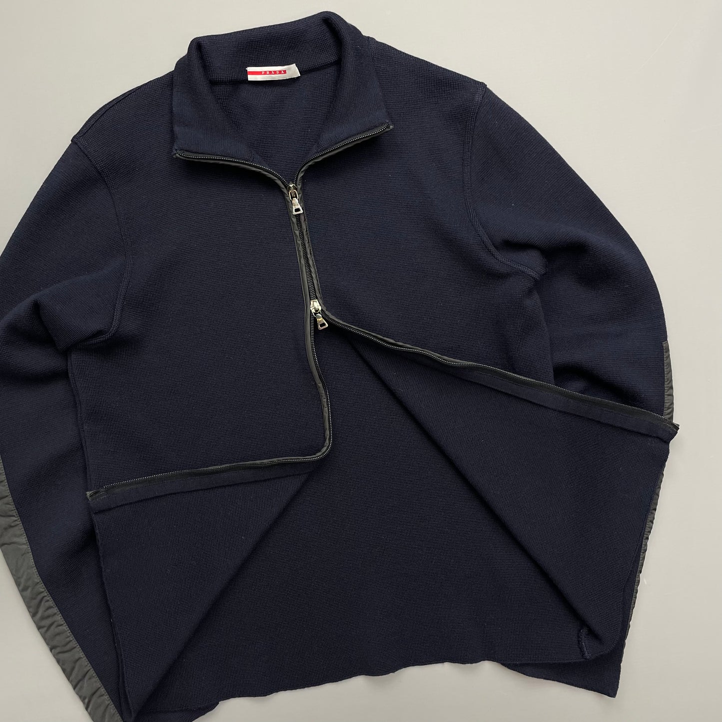 Prada Navy Nylon Panelled Zip-Through Knit Cardigan Jumper