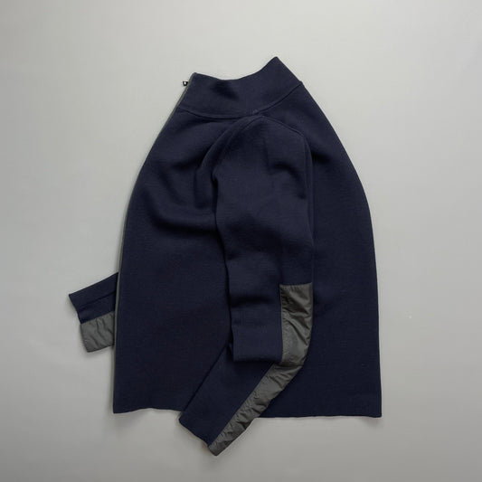 Prada Navy Nylon Panelled Zip-Through Knit Cardigan Jumper