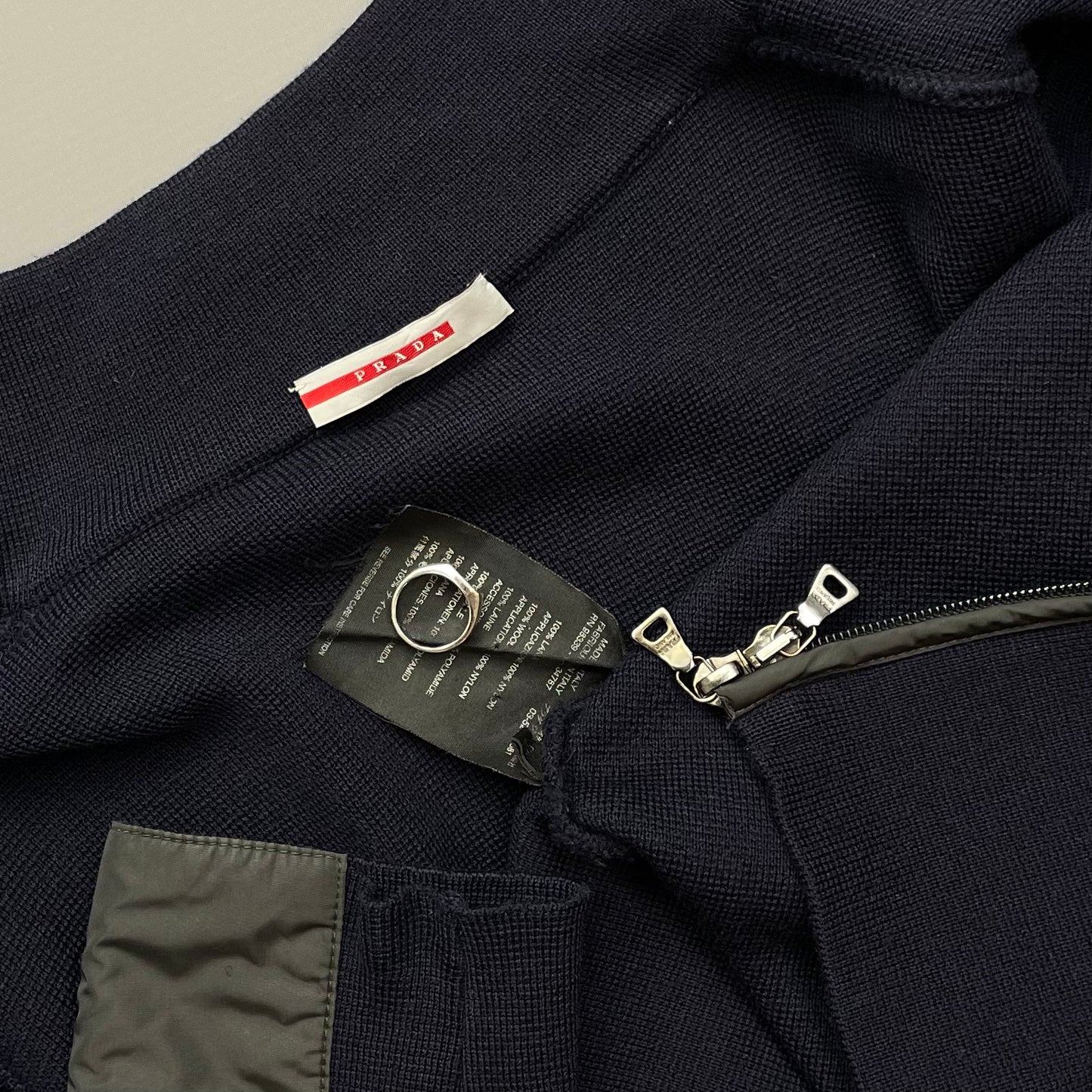 Prada Navy Nylon Panelled Zip-Through Knit Cardigan Jumper