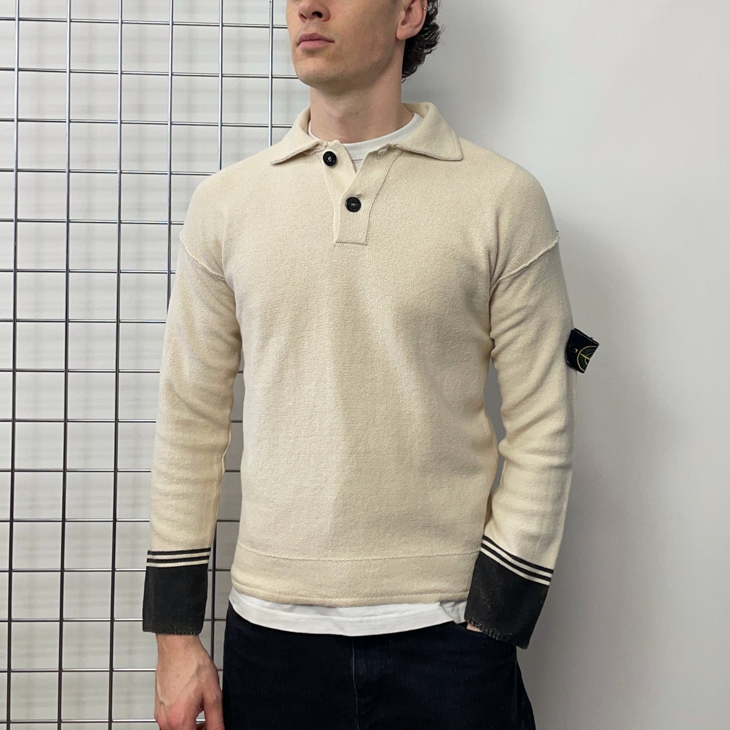 Stone Island Cream SS06 Panelled Half-Button Knit Jumper