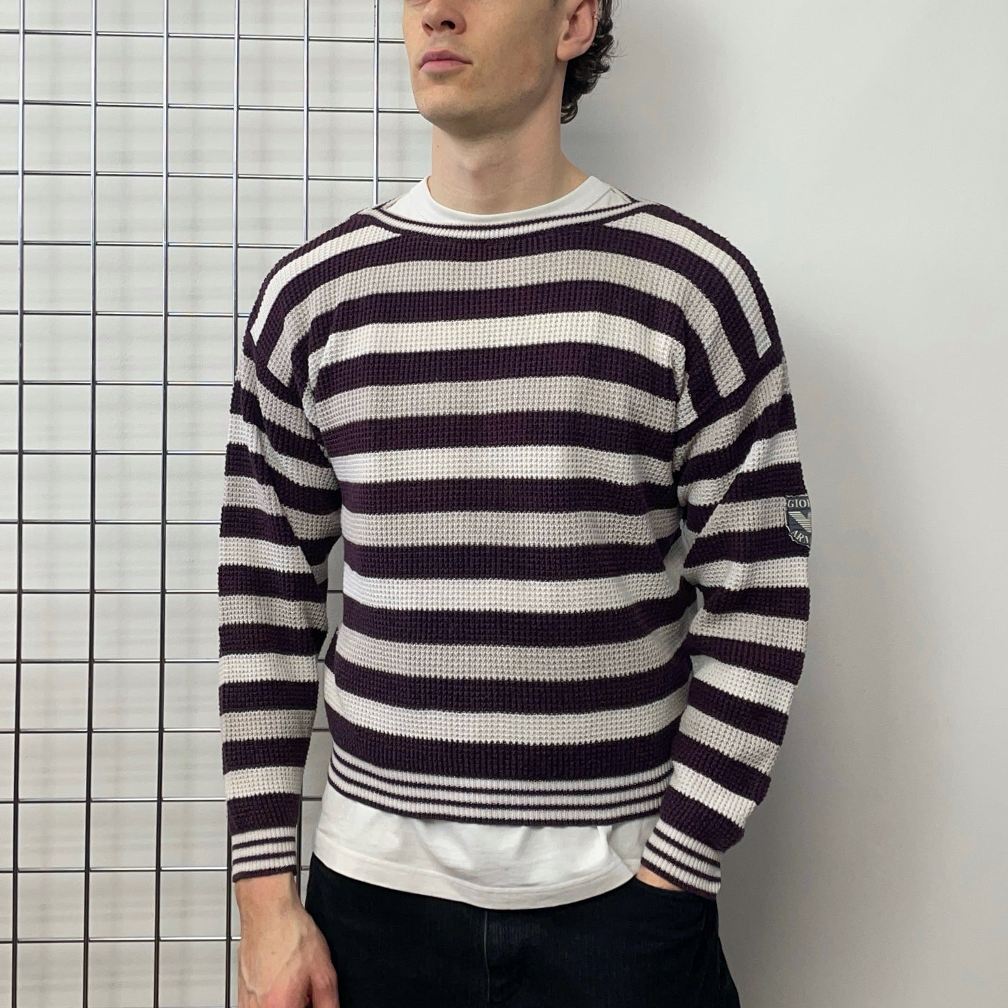 Giorgio Armani White Grey & Burgundy 80s Waffle Knit Boat Neck Jumper