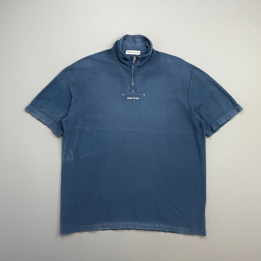 Stone Island Navy SS99 Zip-Collar Short Sleeve Spellout Polo Shirt