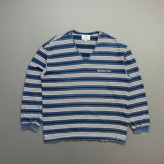 Armani Jeans Blue & White 90s Striped Scoop Neck Jumper