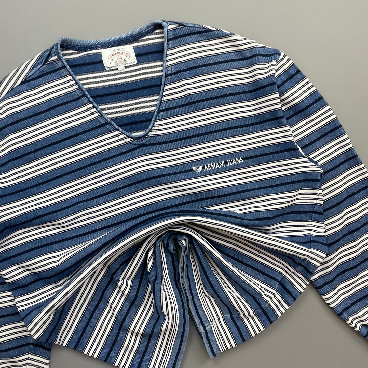 Armani Jeans Blue & White 90s Striped Scoop Neck Jumper