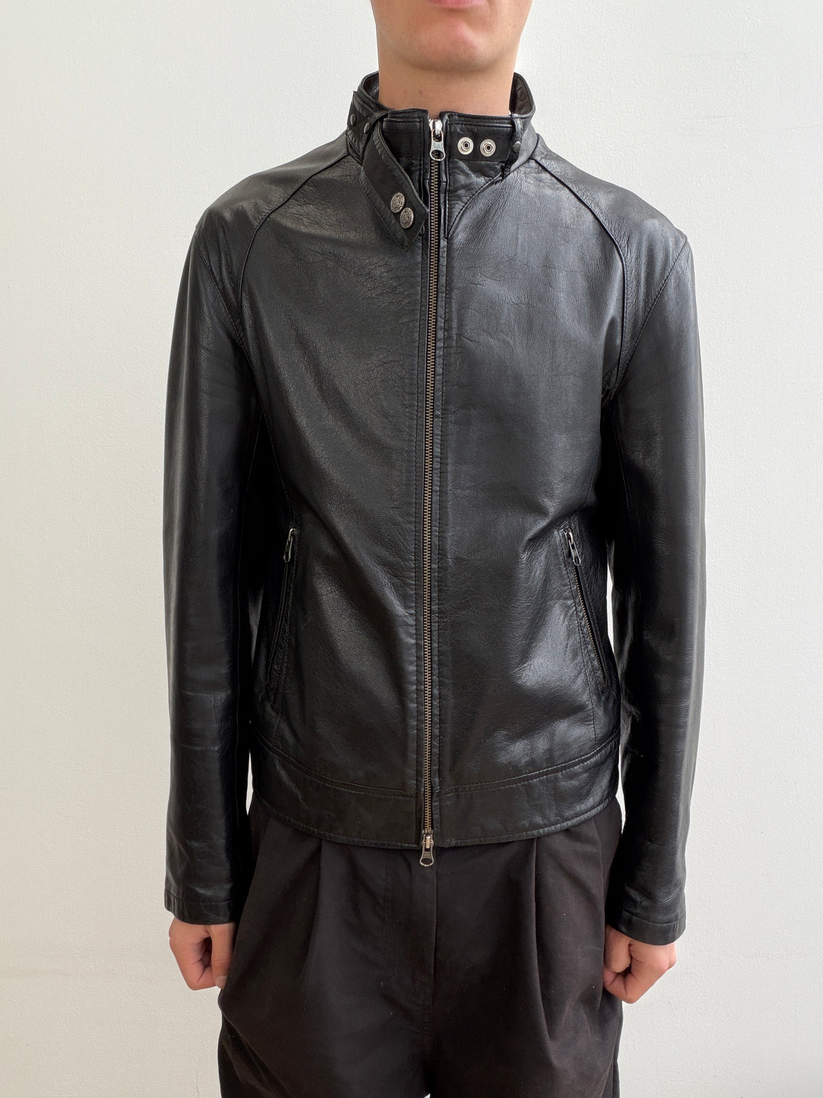 Armani Jeans Black 00s Collar Clasp Leather Biker Jacket