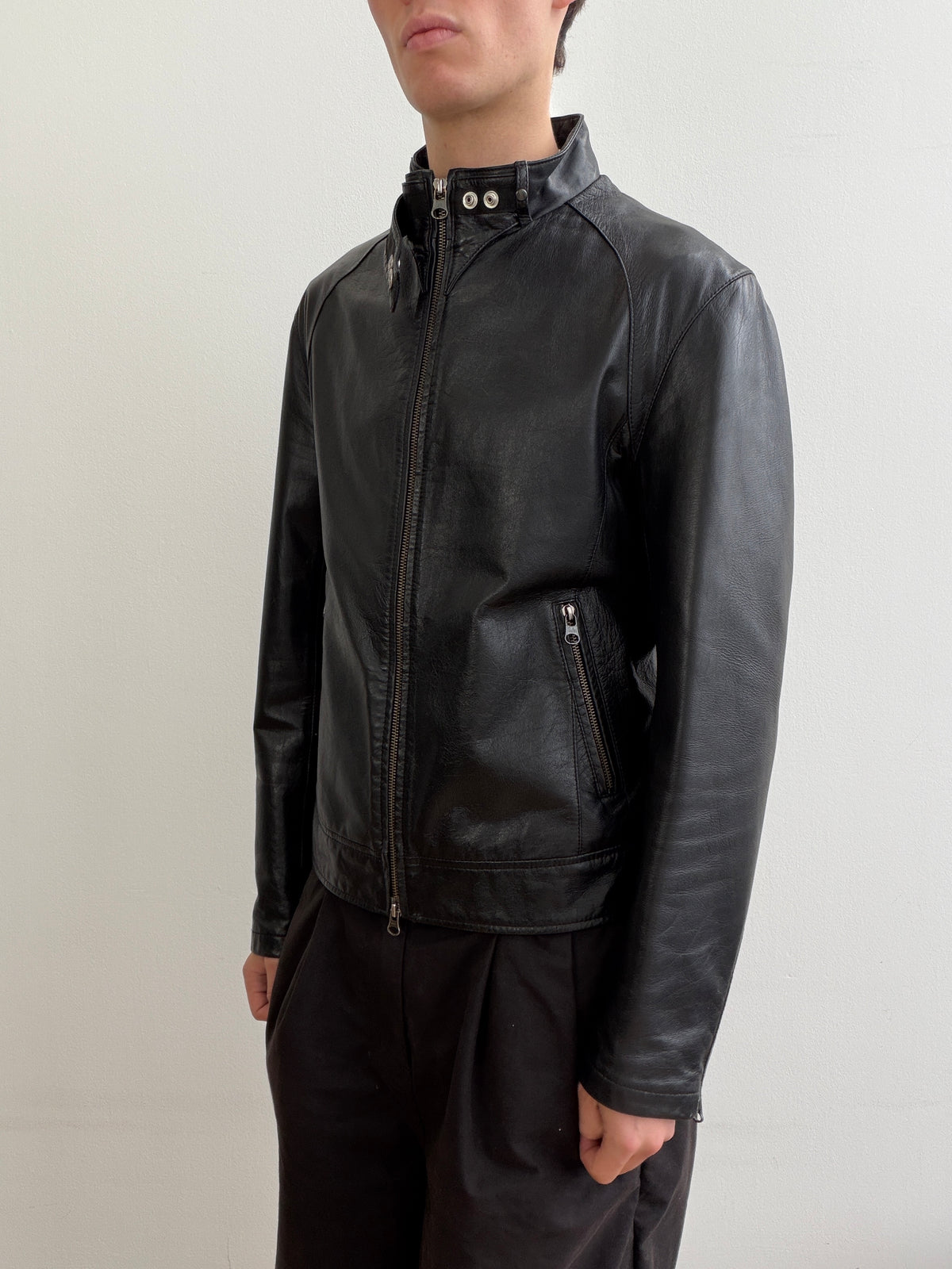 Armani Jeans Black 00s Collar Clasp Leather Biker Jacket