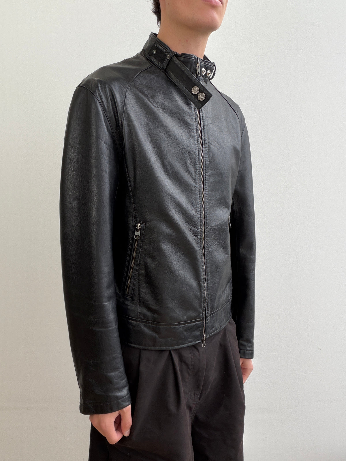 Armani Jeans Black 00s Collar Clasp Leather Biker Jacket