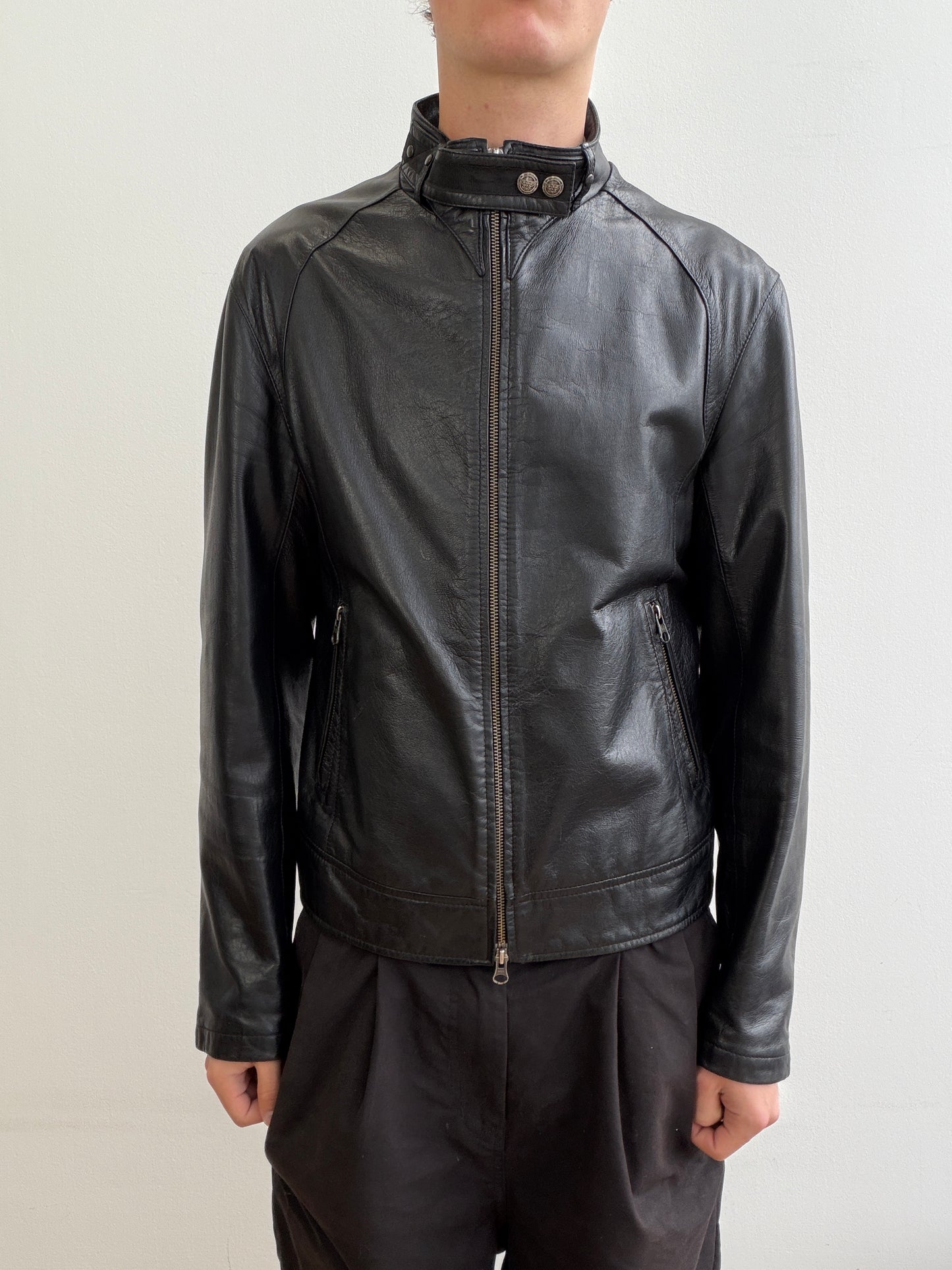 Armani Jeans Black 00s Collar Clasp Leather Biker Jacket